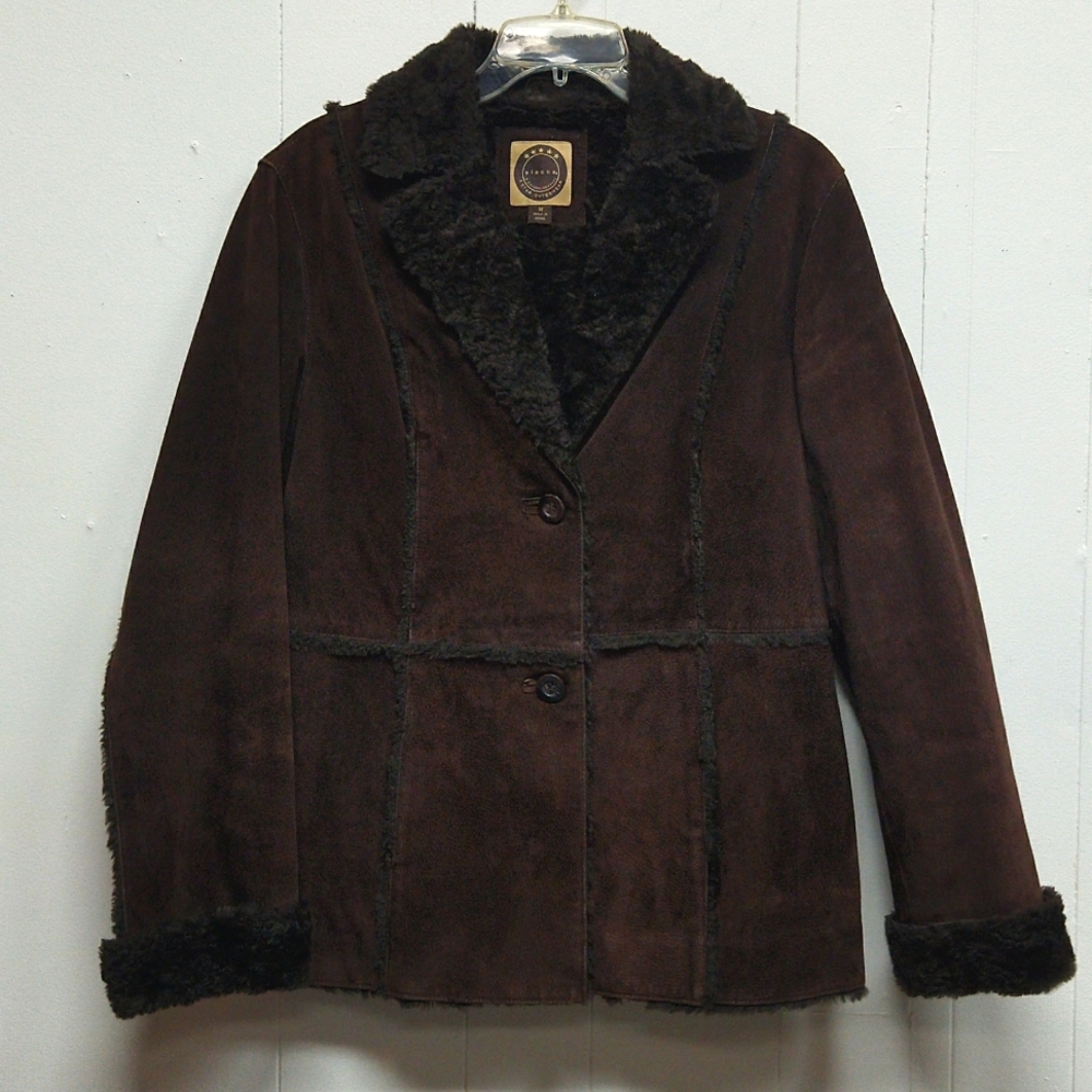 Giacca chocolate brown sueded genuine leather and faux fur coat size medium